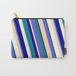 [ Thumbnail: Eyecatching Teal, Slate Blue, Tan, White, and Dark Blue Colored Stripes Pattern Carry-All Pouch ]