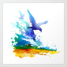 Birds Flying Sea Ocean Waves Gulls Colorful Watercolor