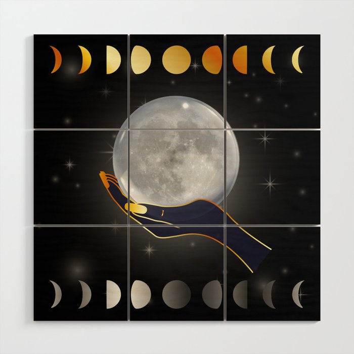 Graceful Hands holding the full moon on a starry night with moon phases Wood Wall Art