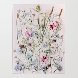 Flowers - Colorful Pastel Wildflowers and Grass - Pastel Flat lay Florals Poster