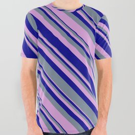 [ Thumbnail: Light Slate Gray, Plum, and Dark Blue Colored Lines/Stripes Pattern All Over Graphic Tee ]
