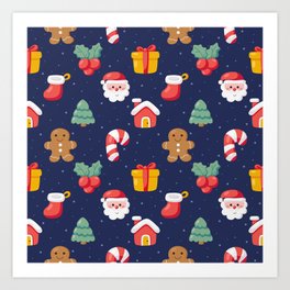 Christmas Seamless Pattern with Flat Elements on Blue Background Art Print