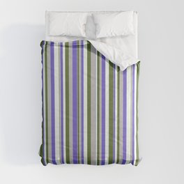 [ Thumbnail: Grey, Slate Blue, Mint Cream & Dark Olive Green Colored Stripes/Lines Pattern Comforter ]