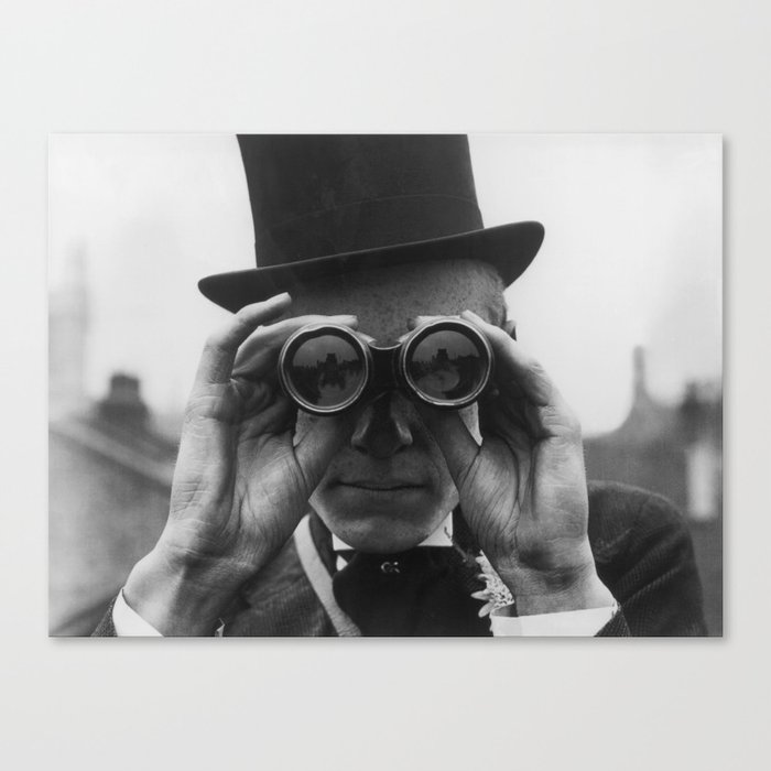 Derby Spectator watching ponies with opera glasses black and white photograph - photography - photographs Canvas Print