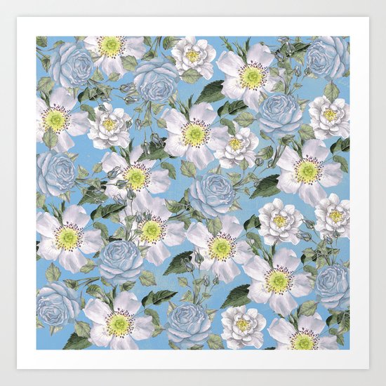 Vintage Rose Pattern Blue Art Print