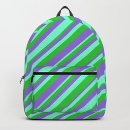 [ Thumbnail: Aquamarine, Lime Green, and Purple Colored Striped/Lined Pattern Backpack ]