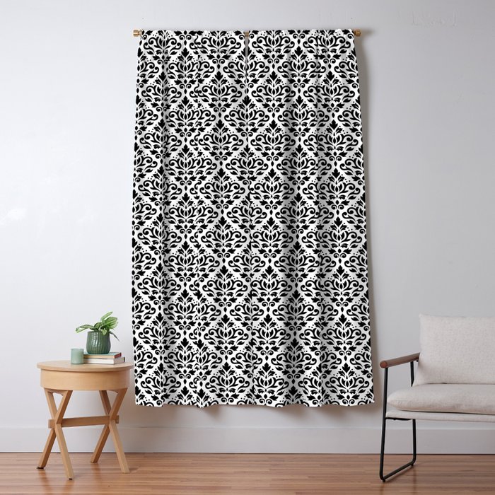 Scroll Damask Pattern Black On White Blackout Curtain By