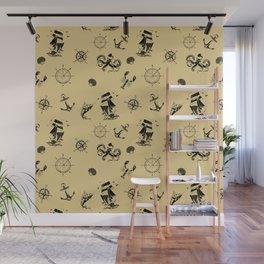 Beige And Black Silhouettes Of Vintage Nautical Pattern Wall Mural
