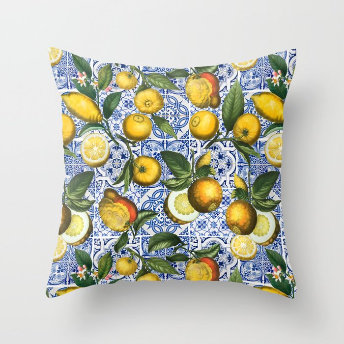 Portuguese Vintage Summer Tiles And Lemons Throw Pillow