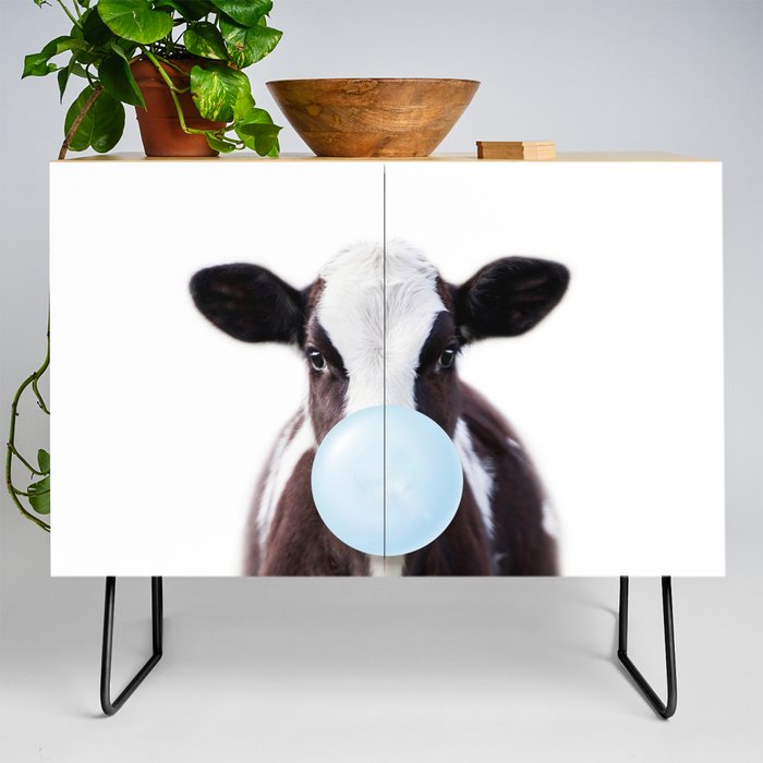 Baby Cow Blowing Blue Bubble Gum, Baby Boy, Nursery, Art For kids, Baby Animals Art Print by Synplus Credenza
