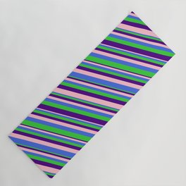[ Thumbnail: Pink, Royal Blue, Lime Green, and Indigo Colored Lined/Striped Pattern Yoga Mat ]