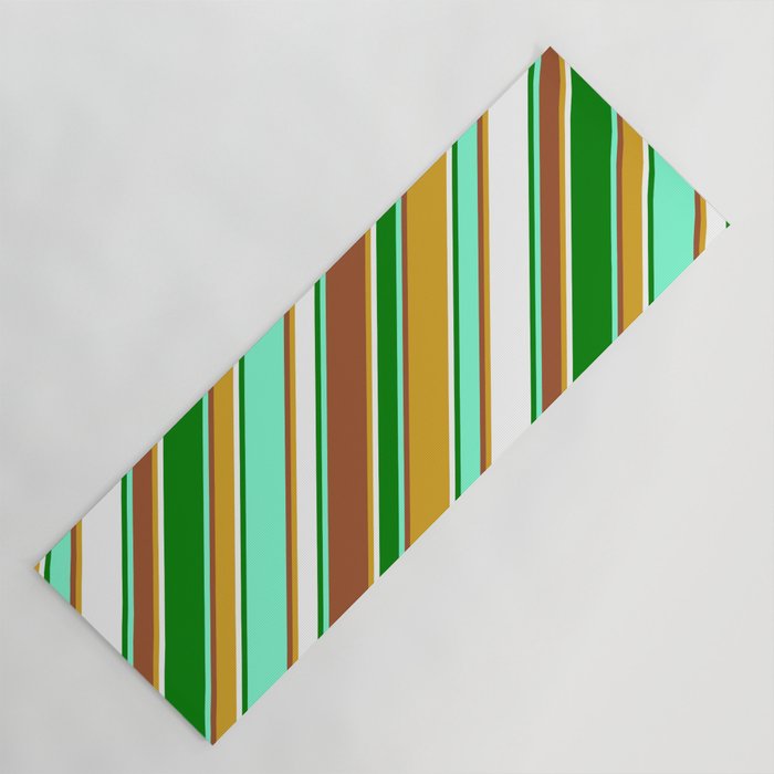 Vibrant Aquamarine, Sienna, Goldenrod, White & Green Colored Lines/Stripes Pattern Yoga Mat