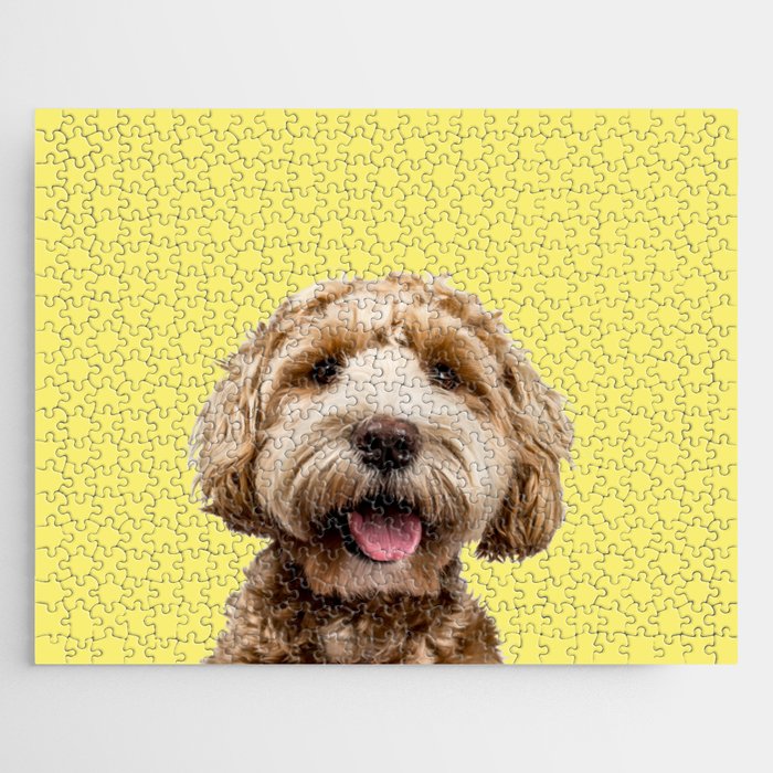 Happy Goldendoodle on Yellow Background Jigsaw Puzzle