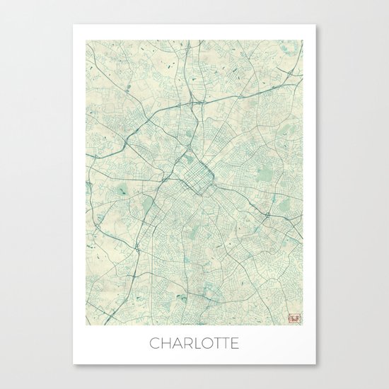 Charlotte Map Blue Vintage Canvas Print