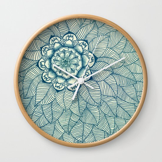 Emerald Green, Navy & Cream Floral & Leaf doodle Wall Clock