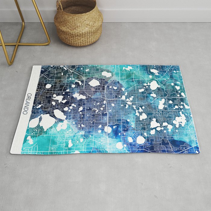 Orlando Florida Map Navy Blue Turquoise Watercolor Rug