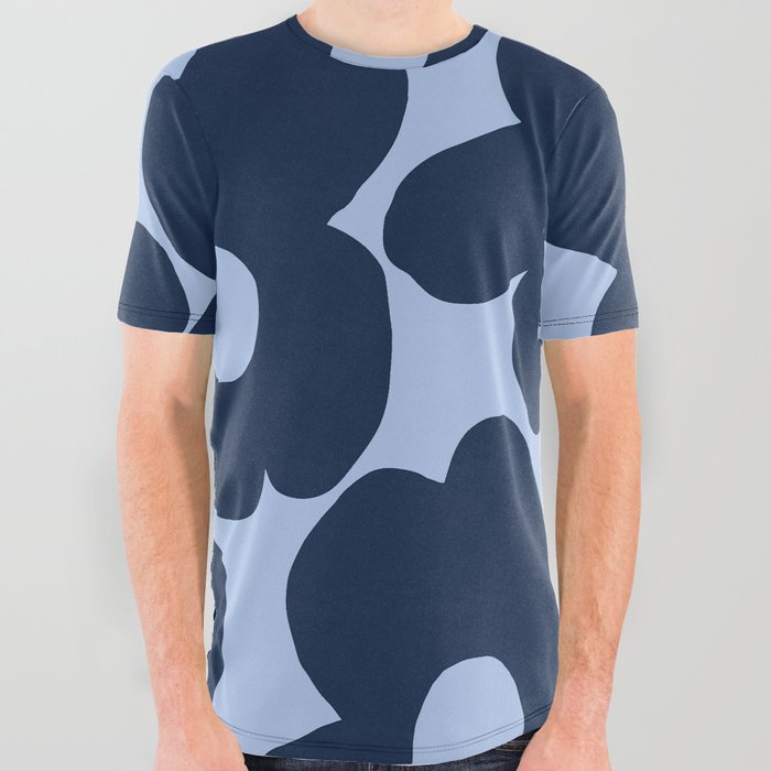 Large Dark Blue Retro Flowers Baby Blue Background #decor #society6 #buyart All Over Graphic Tee