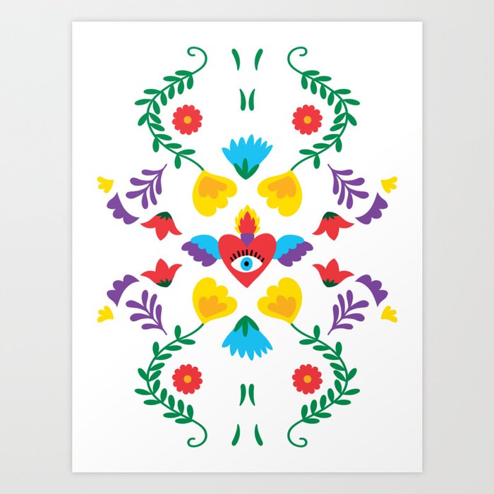 Mexican Otomi Embroidery Folk Art Sacred Heart Evil Eye Art Print