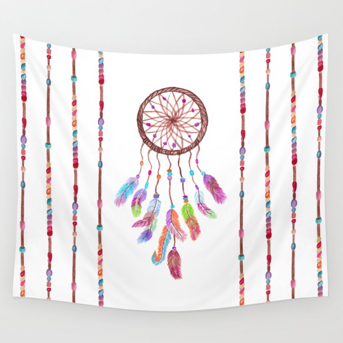 Hand Painted Watercolor Dreamcatcher Beads Feather Wall Tapestry