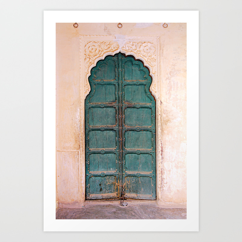 Antique Door In India Teal Door Peach Wall Art Print By