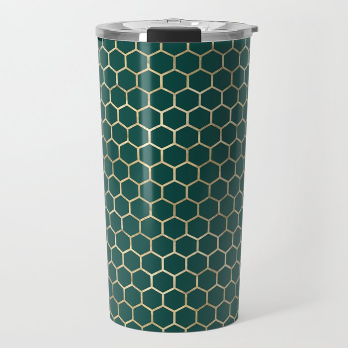 Green Gold Honeycomb Pattern Travel Mug
