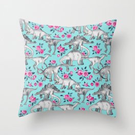 Dinosaurs and Roses - turquoise blue Throw Pillow