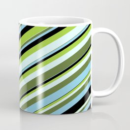 [ Thumbnail: Colorful Green, Light Cyan, Dark Olive Green, Sky Blue & Black Colored Lines/Stripes Pattern Coffee Mug ]