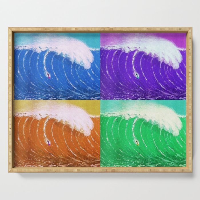 Califorinia extreme surfing big wave multi-color collage with surfer landscape painting Serving Tray