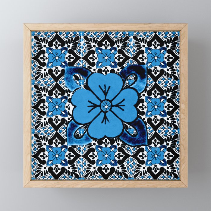 talavera mexican tile in blu and grey Framed Mini Art Print