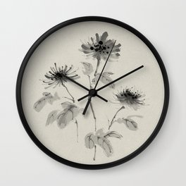 Japanese painting flower grayscale ink on paper Wall Clock