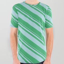 [ Thumbnail: Powder Blue and Sea Green Colored Stripes Pattern All Over Graphic Tee ]