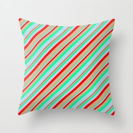 [ Thumbnail: Red, Tan, Green, and Light Blue Colored Lines Pattern Throw Pillow ]