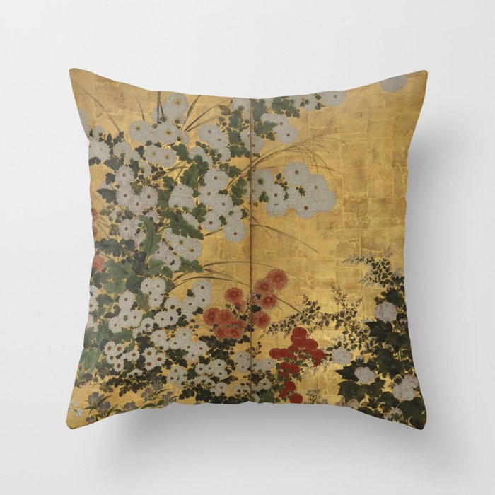 Red White Chrysanthemums Vintage Floral Japanese Gold Leaf Screen Throw Pillow