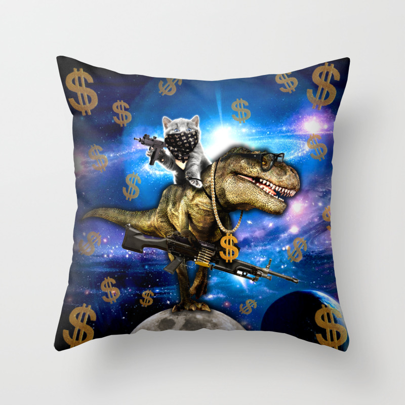 Cat Kitty Travel Through Galaxy On Dinosaur T Rex With Guns And