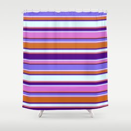 [ Thumbnail: Colorful Chocolate, Indigo, Medium Slate Blue, Light Cyan, and Orchid Colored Stripes Pattern Shower Curtain ]