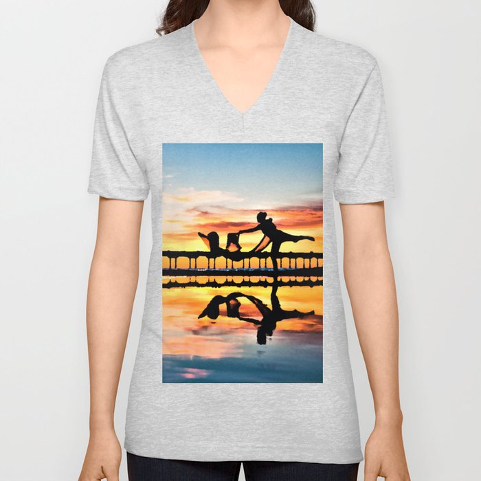 Dancer on Beach Reflection Sunset Digital Oil Painting V Neck T Shirt