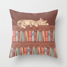 Cat in the library Throw Pillow