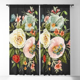 Wildflower and Butterflies Bouquet on Charcoal Black Blackout Curtain