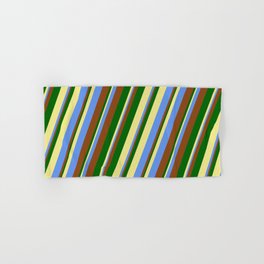[ Thumbnail: Tan, Cornflower Blue, Brown, and Dark Green Colored Lines/Stripes Pattern Hand & Bath Towel ]