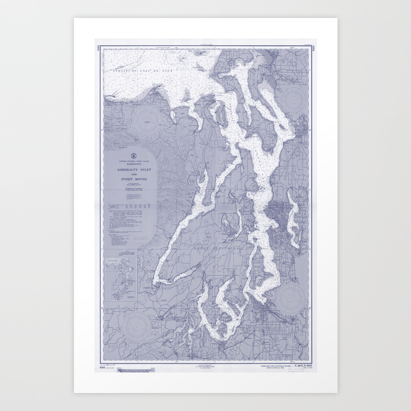 Puget Sound Washington State Nautical Chart Map Print 1956 Blue