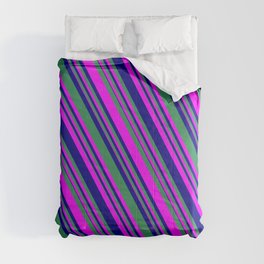 [ Thumbnail: Sea Green, Fuchsia, and Blue Colored Lined/Striped Pattern Comforter ]