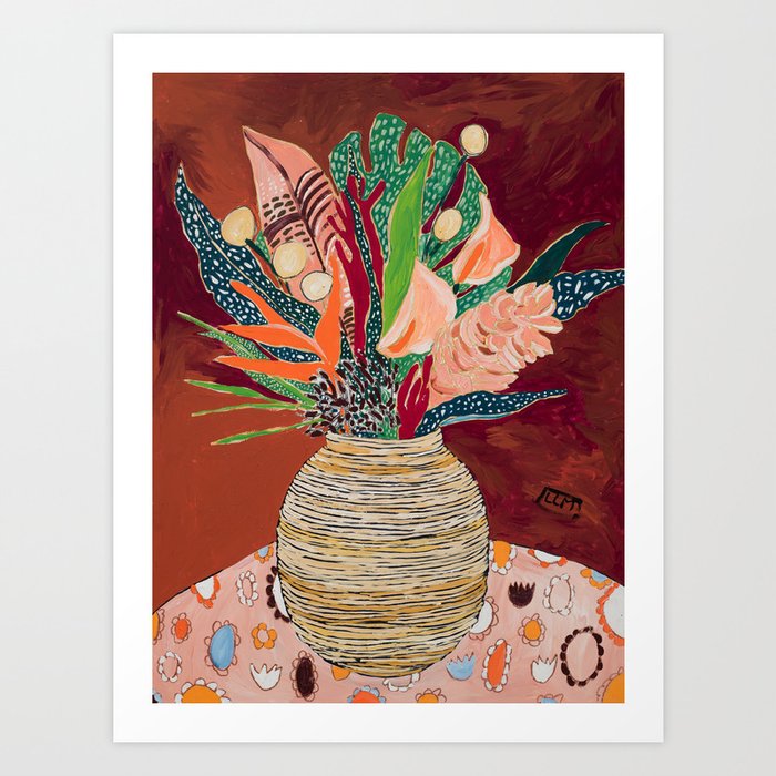 Autumnal Bouquet of Flowers in Woven Basket Vase on Warm Auburn Rust Still Life Fall Floral Painting Art Print