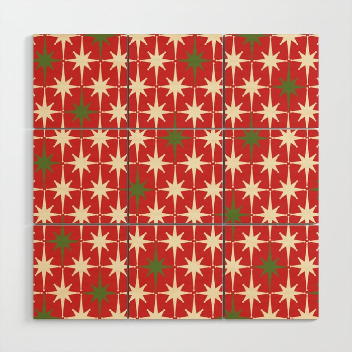 Atomic Age Christmas Starbursts - Midcentury Modern Xmas Holiday Pattern Cream Green Red Wood Wall Art