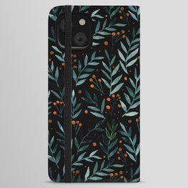 Festive watercolor branches - black, teal and orange iPhone Wallet Case