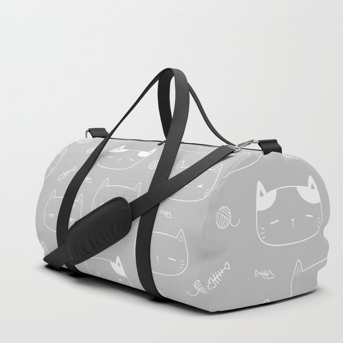 Light Grey and White Doodle Kitten Faces Pattern Duffle Bag