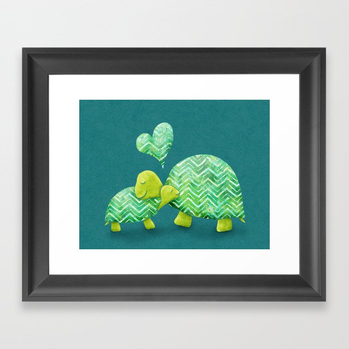 Sweet Turtle Hugs with Heart in Teal and Lime Green Framed Art Print