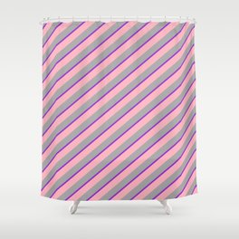 [ Thumbnail: Light Pink, Dark Gray, and Dark Orchid Colored Stripes Pattern Shower Curtain ]