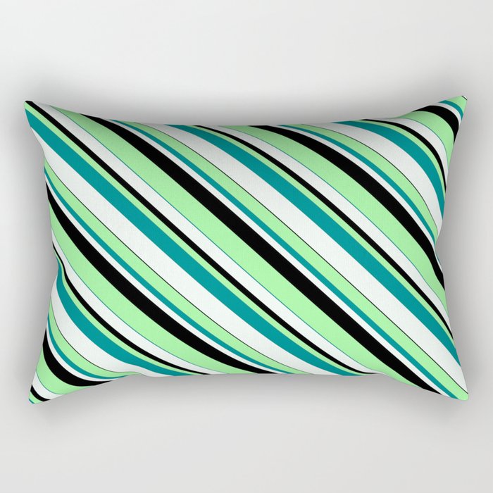 Green, Teal, Mint Cream & Black Colored Lined Pattern Rectangular Pillow