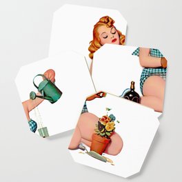 Red Sexy Pinup With Watering Can For Garden Coaster