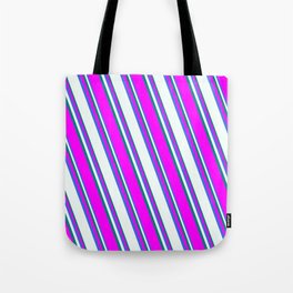 [ Thumbnail: Royal Blue, Mint Cream, Teal, and Fuchsia Colored Lined Pattern Tote Bag ]
